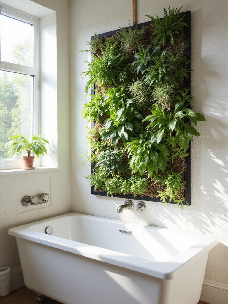 Space-saving vertical garden in a bright and airy bathroom with ferns, pothos, and air plants.