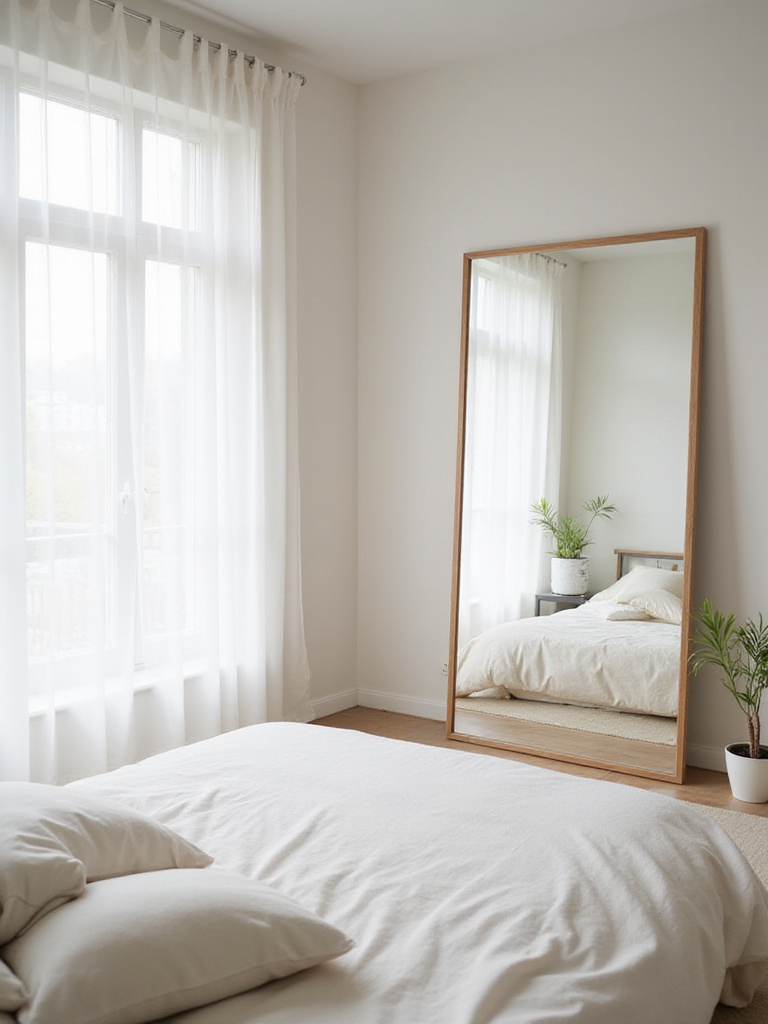 Bright modern bedroom with a large mirror reflecting natural light and creating the illusion of more space.