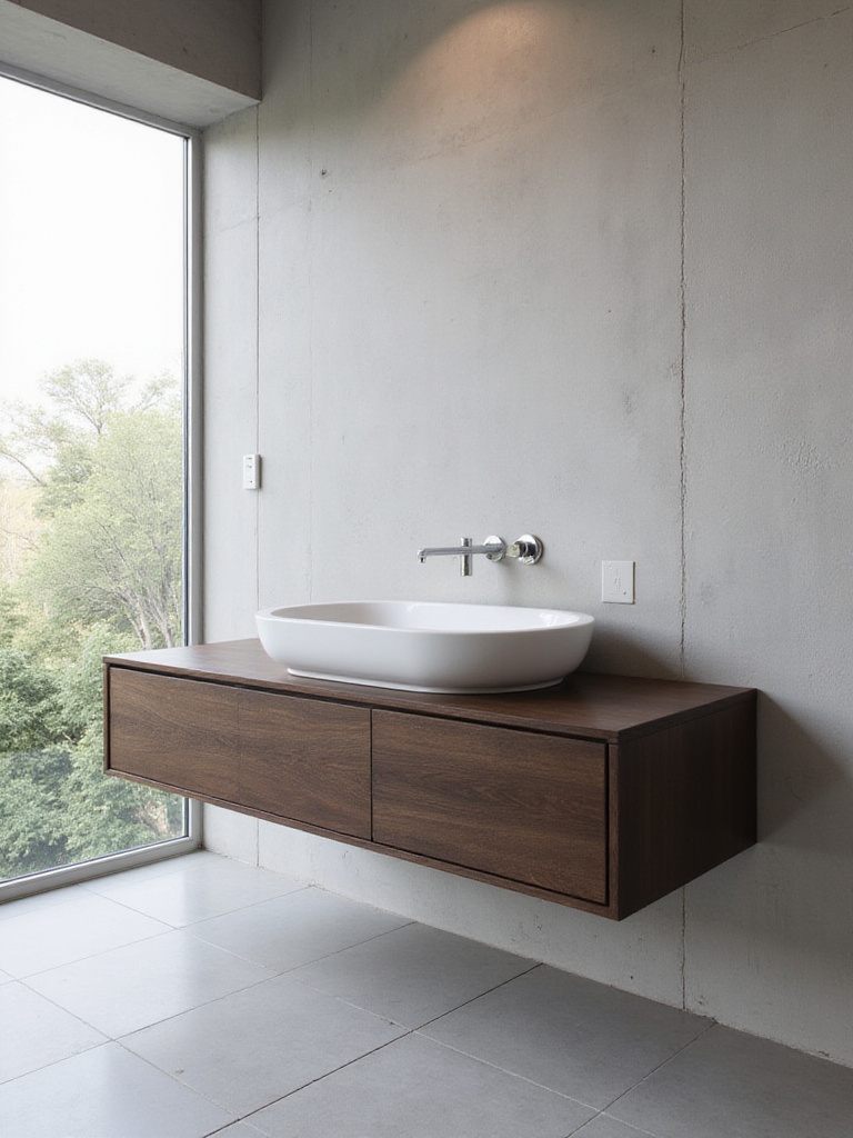 Modern bathroom interior with a sleek dark wood floating vanity and light gray tile floor.