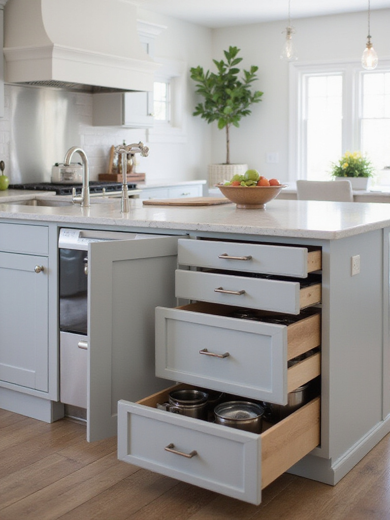 Modern kitchen island with clever drawers and hidden storage solutions.