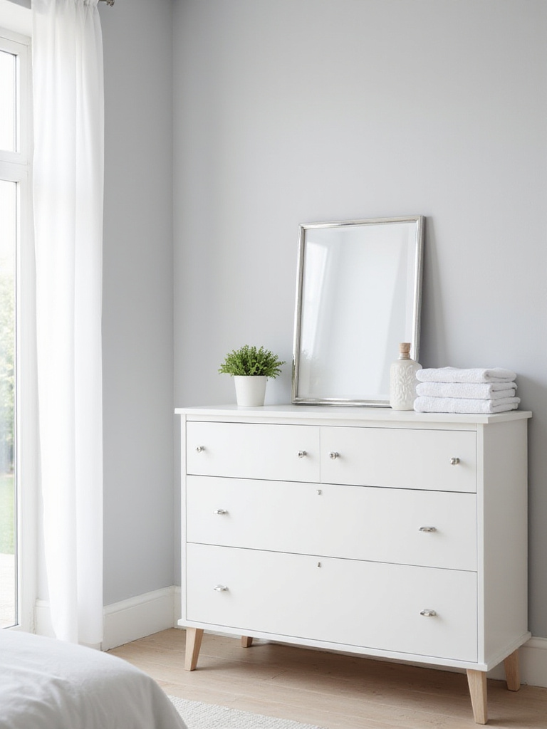 Chic white dresser providing storage in a serene bedroom.