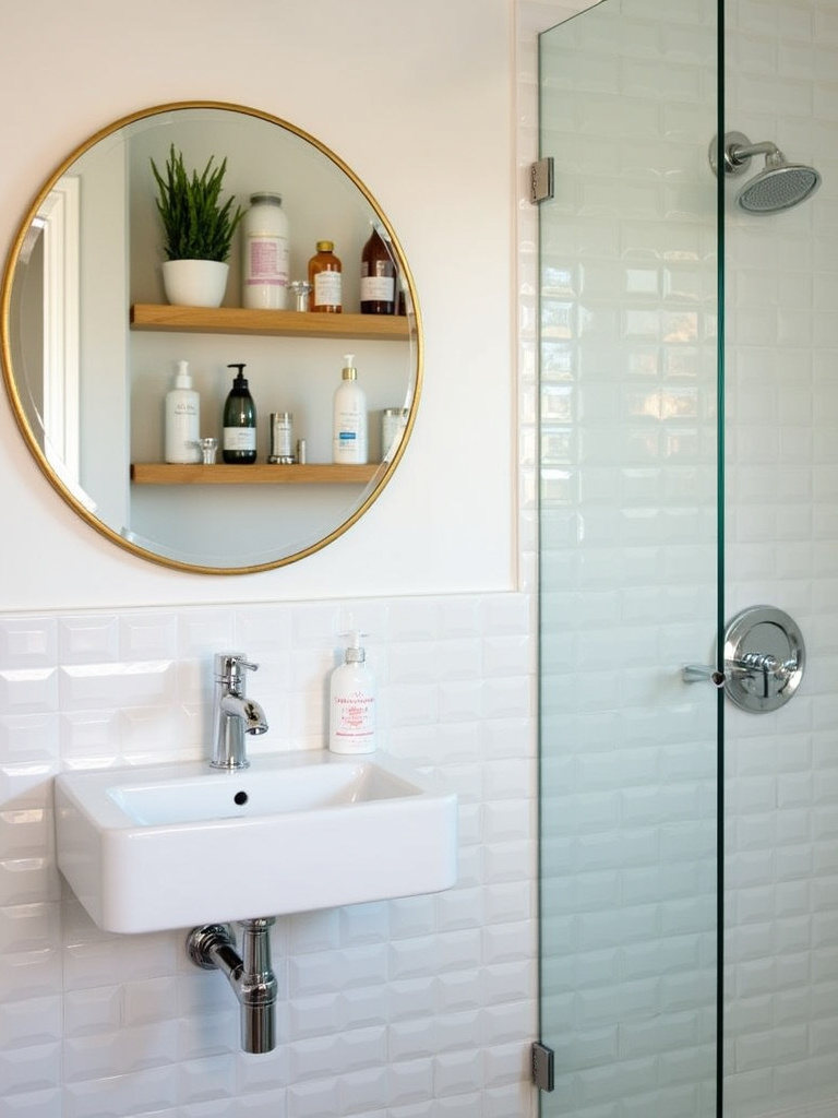 Small bathroom design with wall-mounted sink, round mirror, and floating shelves.