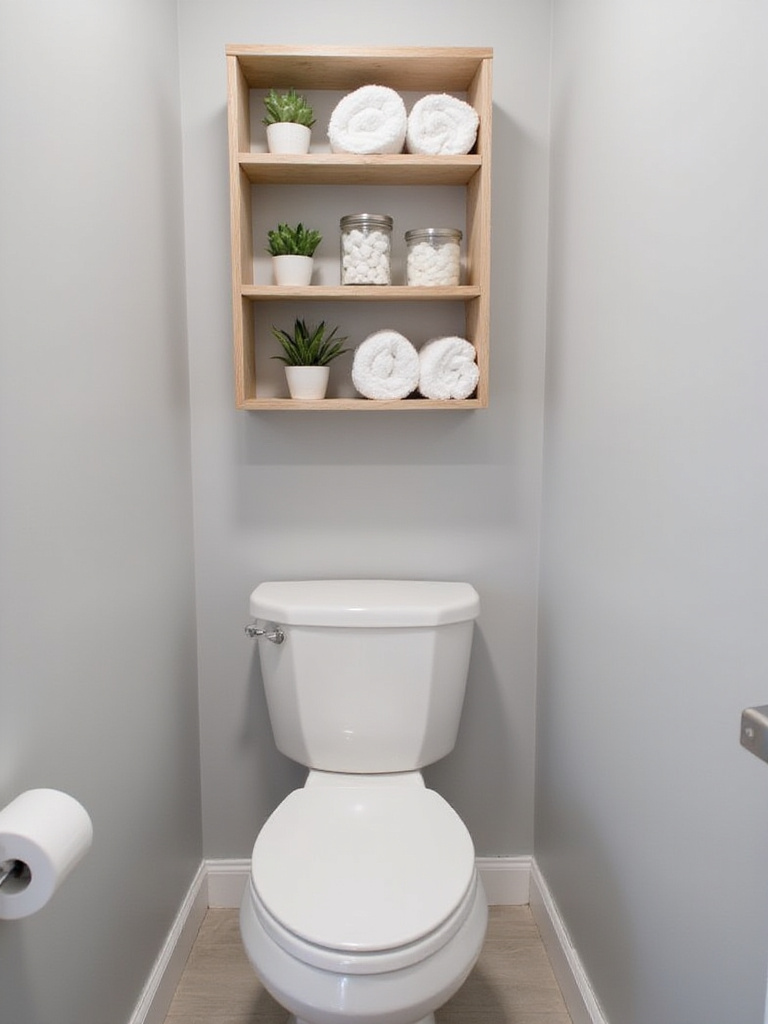 Small bathroom with over-the-toilet shelving unit displaying organized towels and toiletries