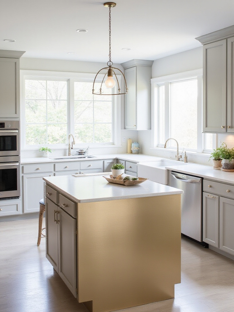 Modern kitchen with light gray cabinets and a brushed gold metallic kitchen island.