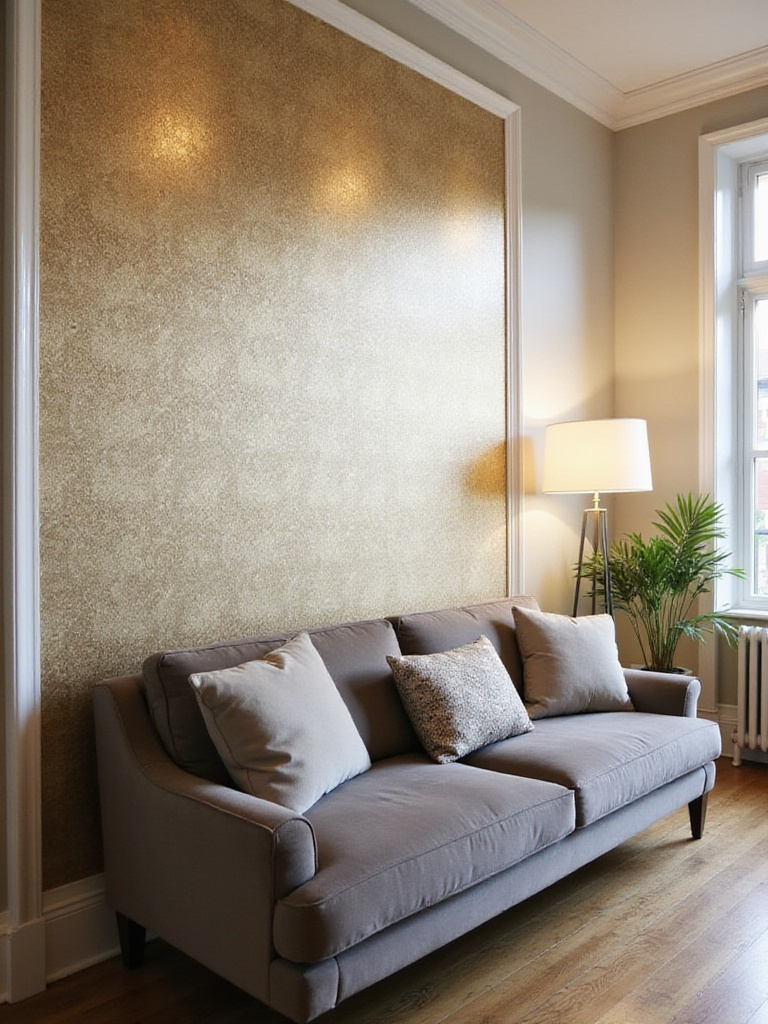 Living room with gold and beige geometric metallic wallpaper accent wall behind a grey velvet sofa.