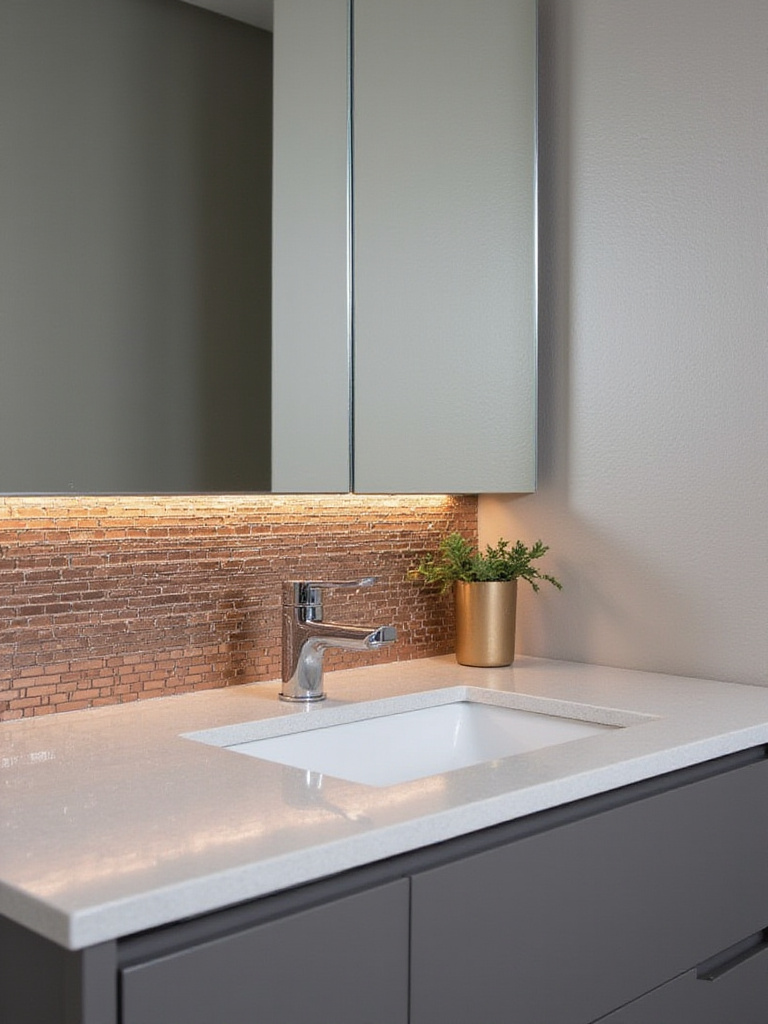 Modern bathroom with metallic bronze tile backsplash