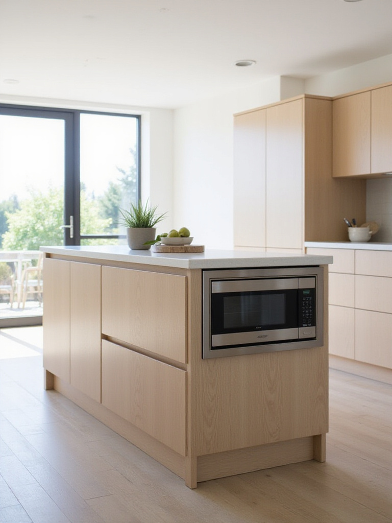 Microwave drawer integrated into a modern kitchen island