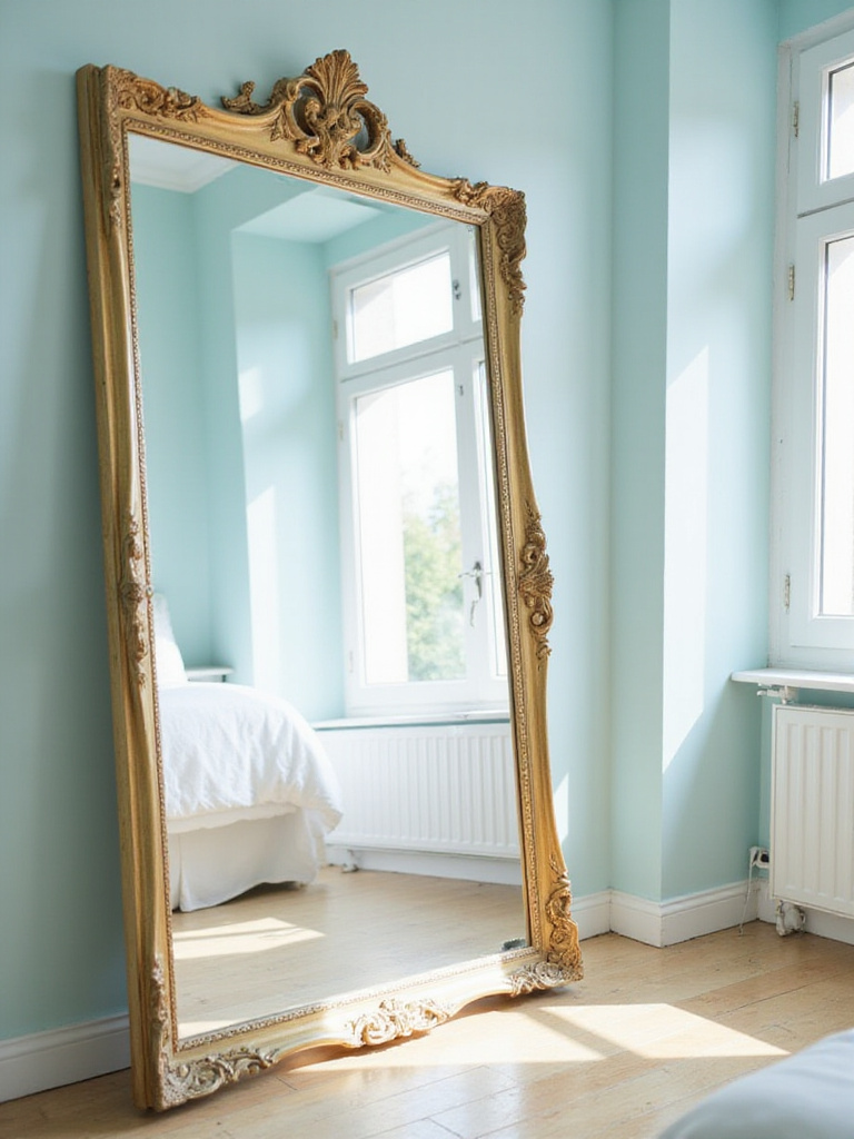Bedroom with large mirror reflecting light and creating space
