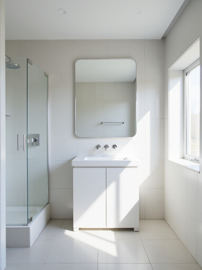 Small bathroom with large frameless mirror and high-gloss tiles, creating an illusion of space.