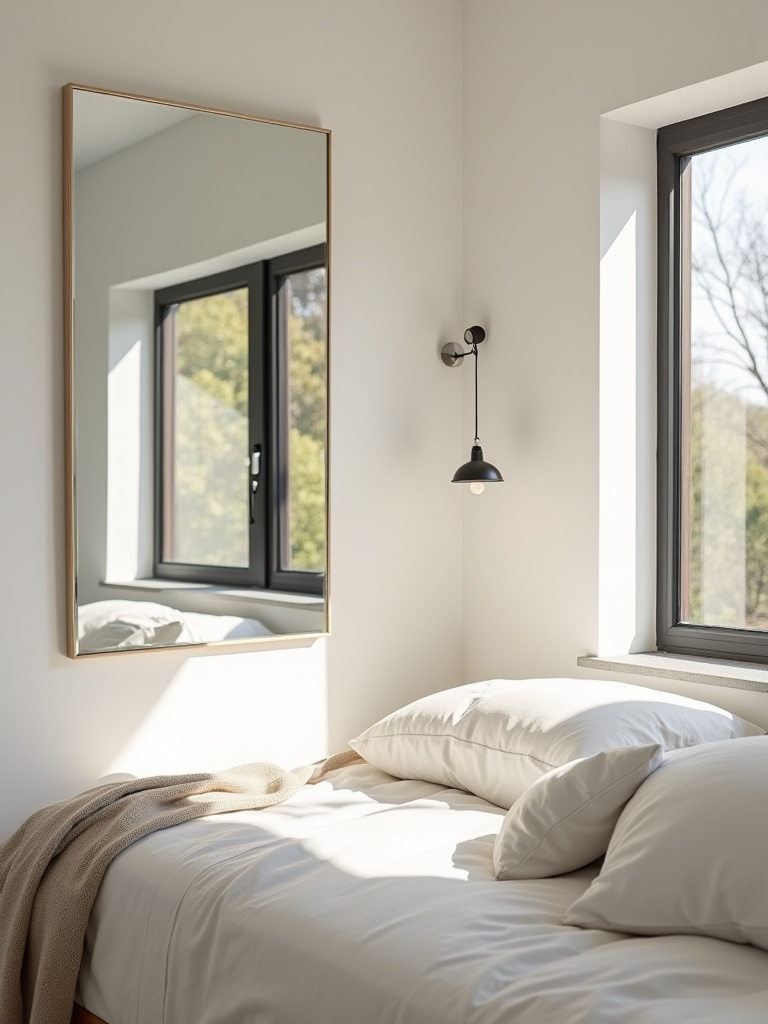Small bedroom design with large mirror reflecting natural light and creating the illusion of more space.