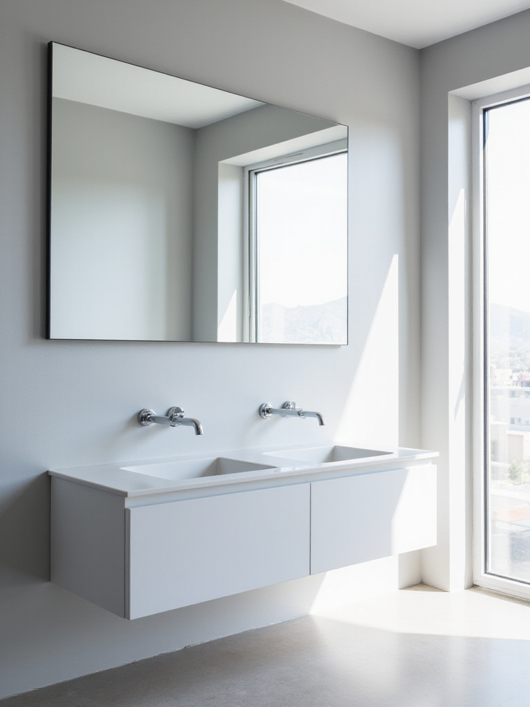 Modern bathroom with large frameless mirror reflecting natural light, enhancing space and brightness.
