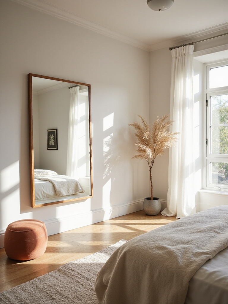 Modern bedroom with a large mirror reflecting natural light