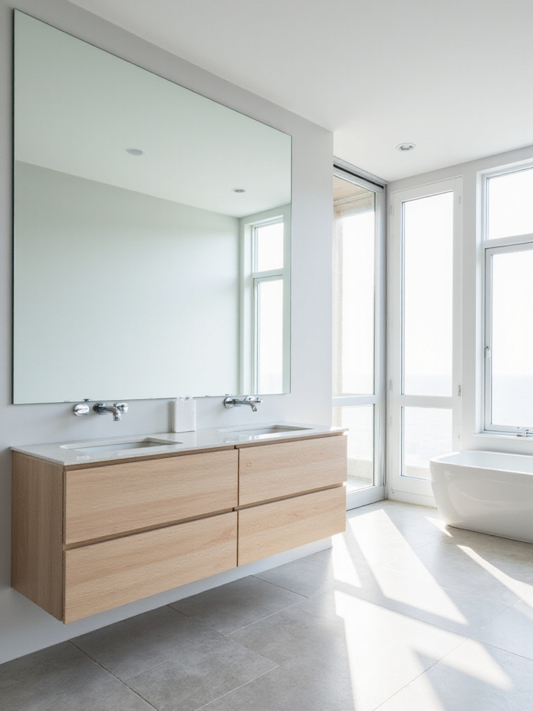 Modern bathroom featuring a large frameless mirror above a light wood vanity, enhancing light and space.