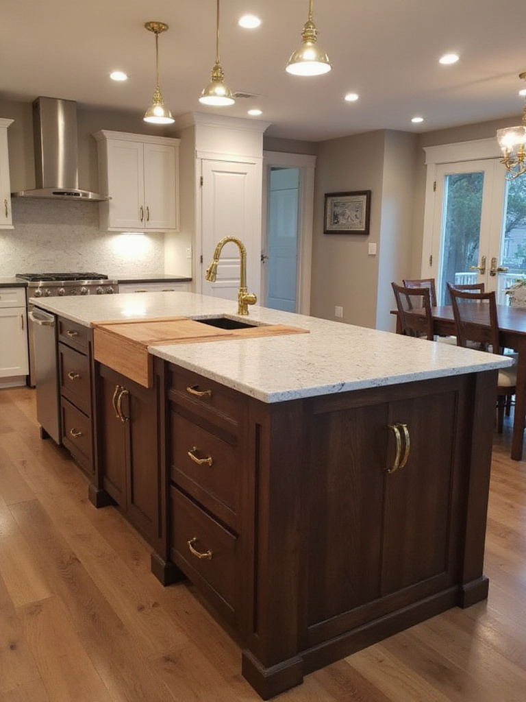 Modern kitchen island with mixed materials: dark wood base, quartz countertop, and butcher block inlay.