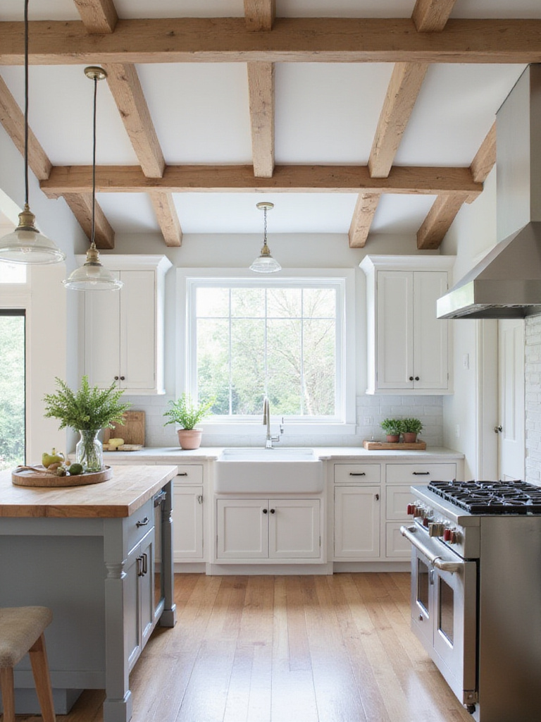 Modern farmhouse kitchen interior with white cabinets, butcher block island, and exposed beams.