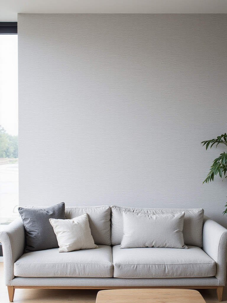 Modern minimalist living room with light gray linen textured wallpaper accent wall.
