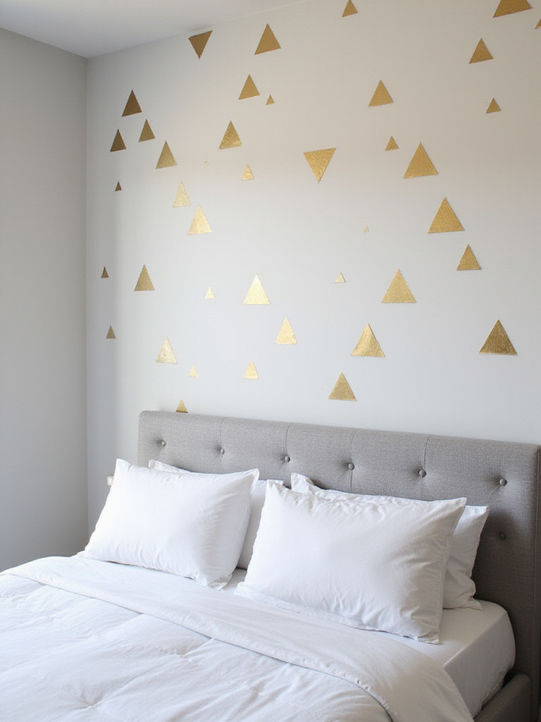 Modern bedroom with gold geometric triangle wall decals behind the bed