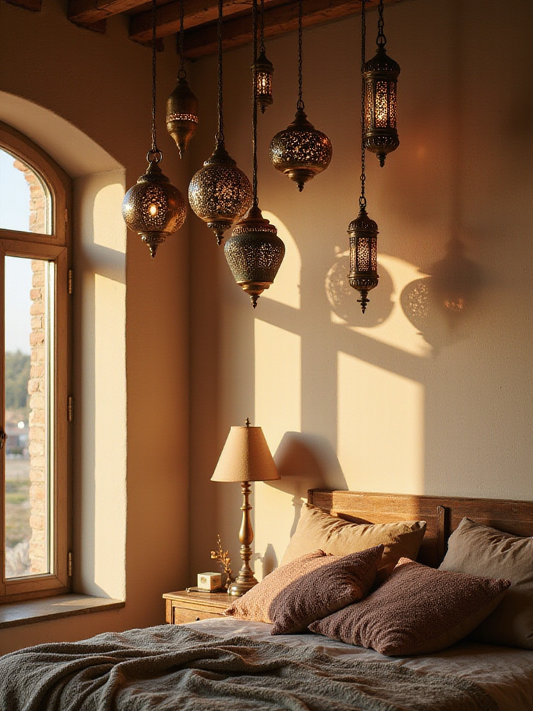 Boho bedroom with hanging Moroccan lanterns casting intricate shadows