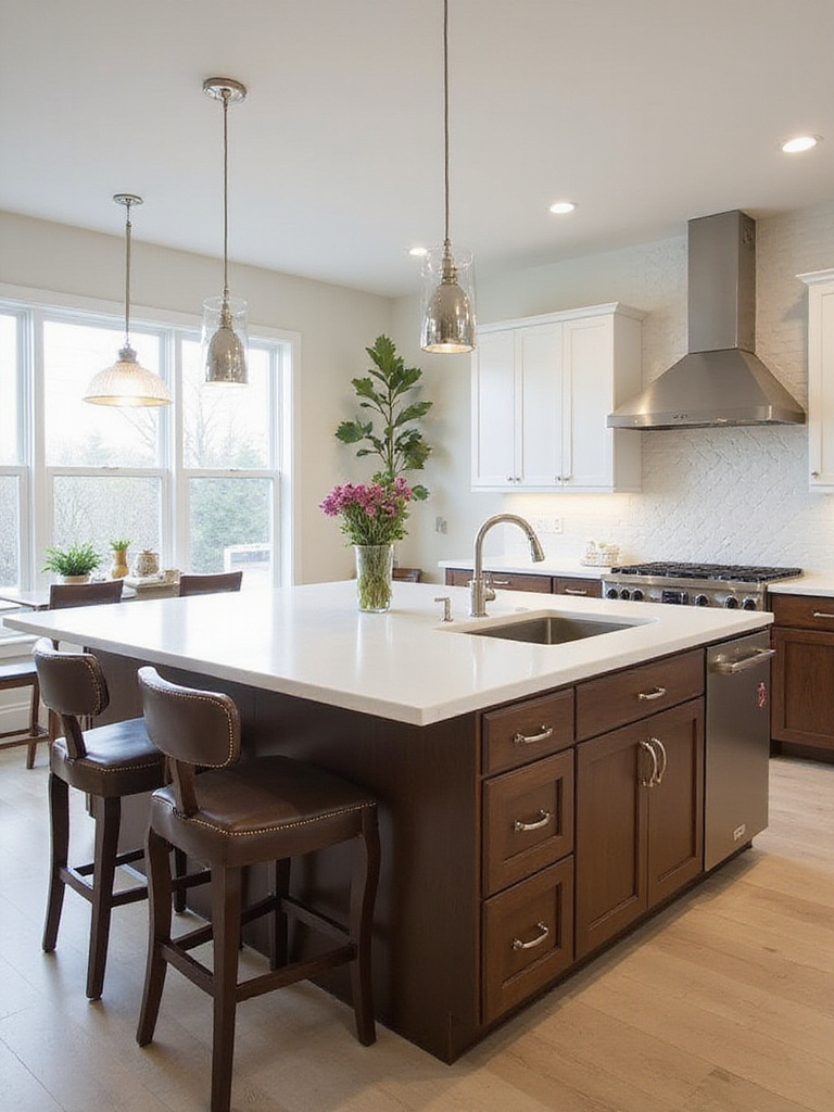 Contemporary kitchen with a large, multi-functional kitchen island featuring a cooktop, sink, and breakfast bar.
