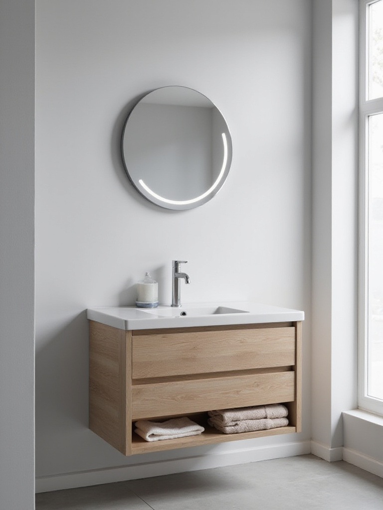 Small bathroom featuring a wall-mounted multi-tasking vanity with drawers, open shelving, and a modern design.