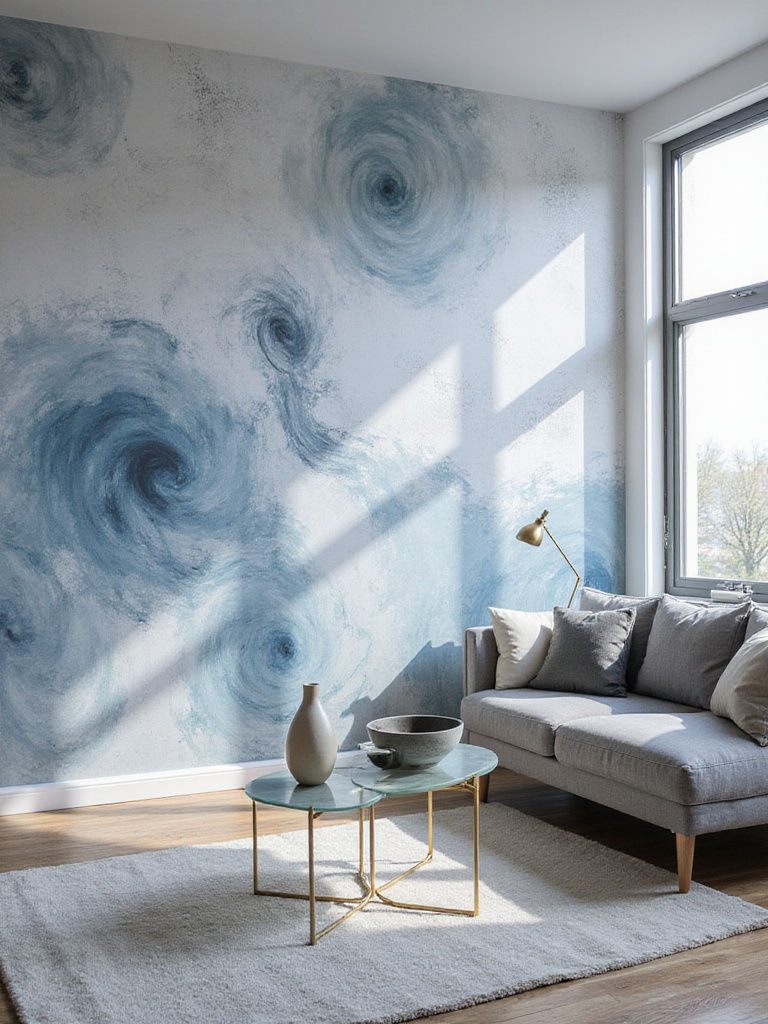 Modern living room with abstract blue and grey wallpaper mural accent wall