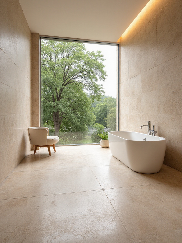 Luxurious bathroom with light beige travertine stone tiles on floor and walls.