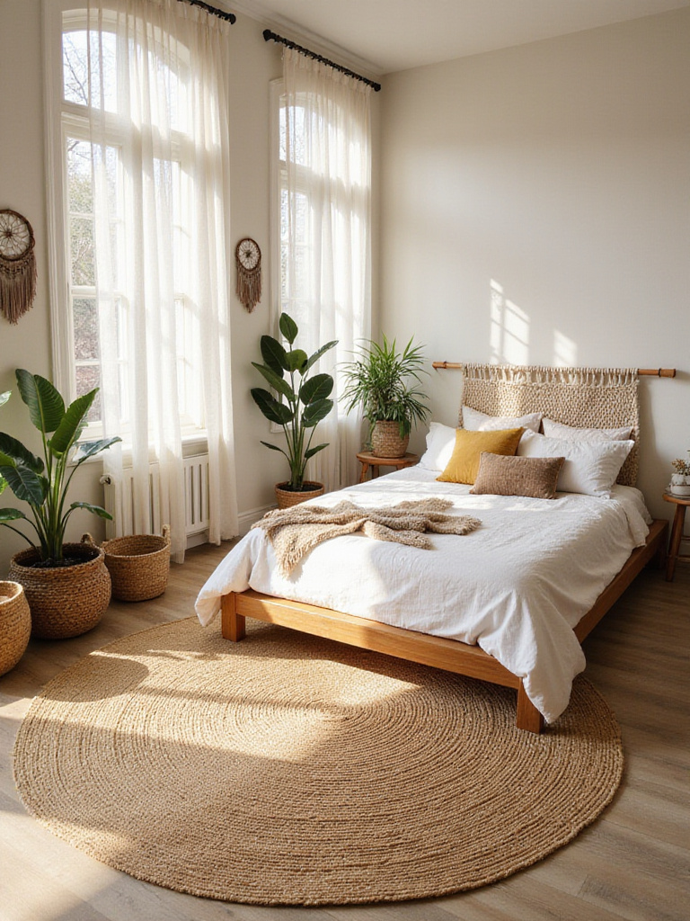 Boho bedroom with a large round jute rug under a platform bed.