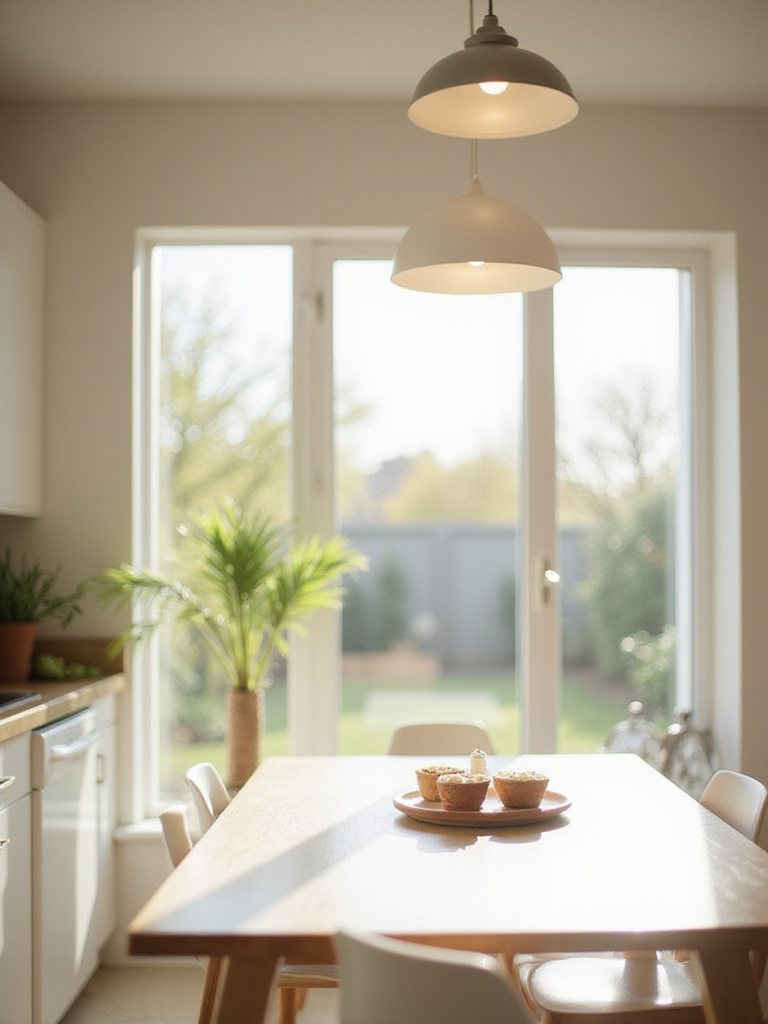 Bright kitchen dining area with large window and pendant light