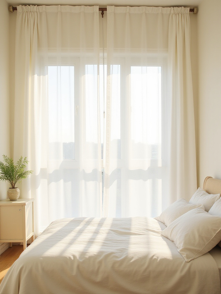 Bright bedroom with sheer curtains and light-colored walls maximizing natural light.