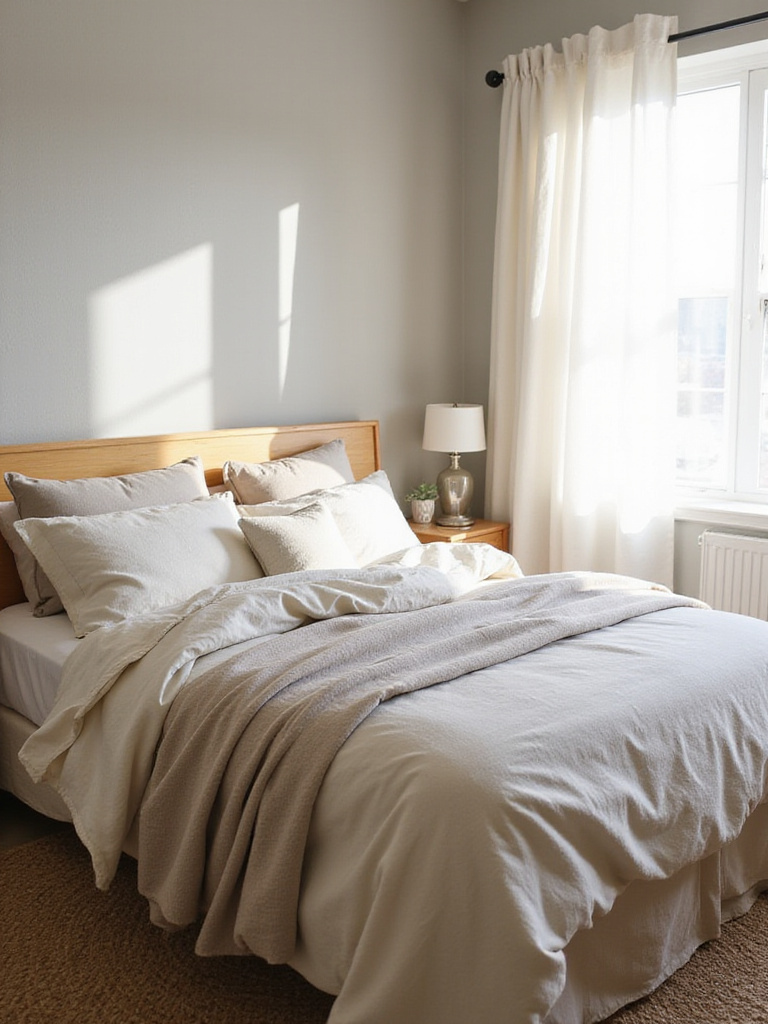Cozy bedroom with linen bedding, wooden headboard, and natural light.