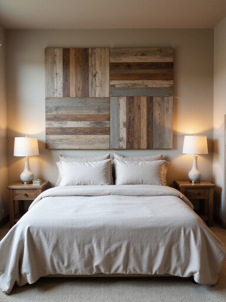 Rustic bedroom featuring reclaimed wood geometric wall art above the bed.