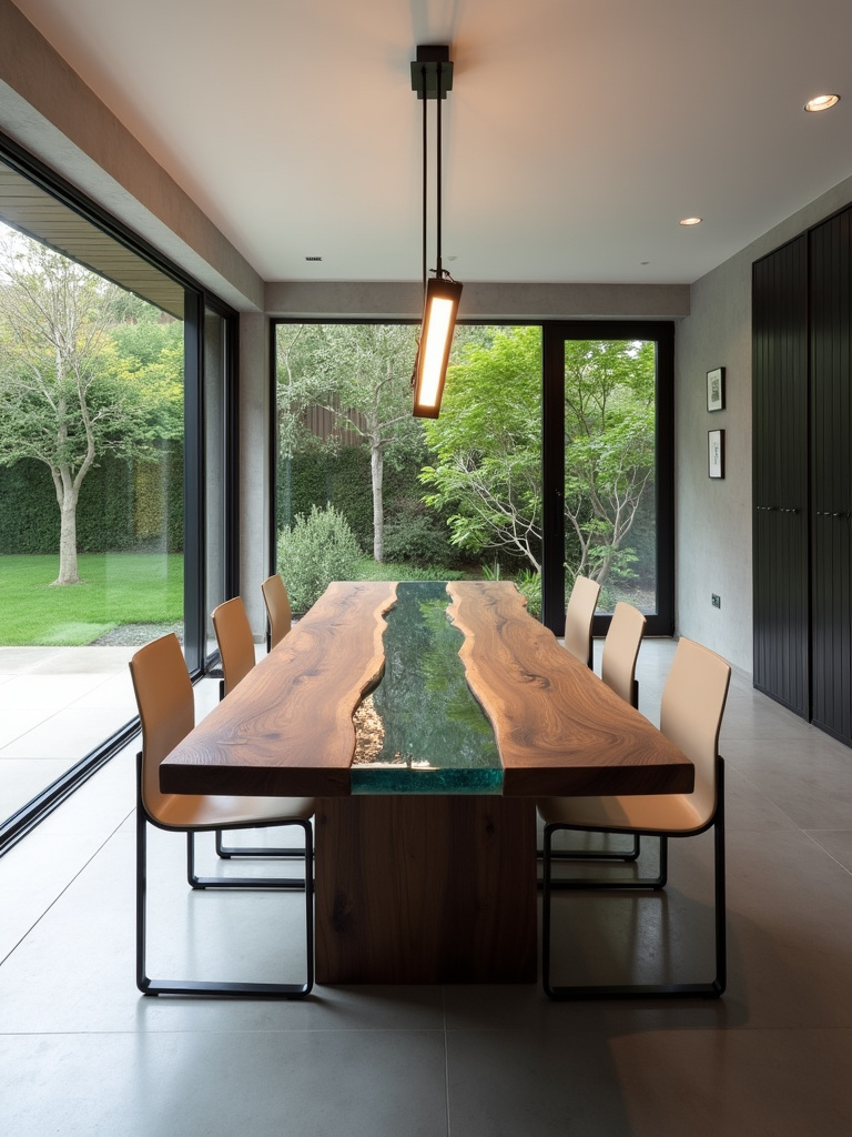 Modern dining room with a stunning live edge walnut dining table featuring a resin river.