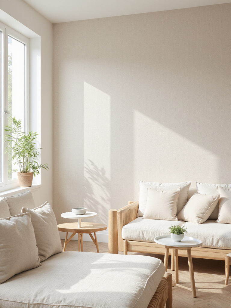 Neutral beige linen wallpaper accent wall in a modern living room, creating a calming atmosphere.