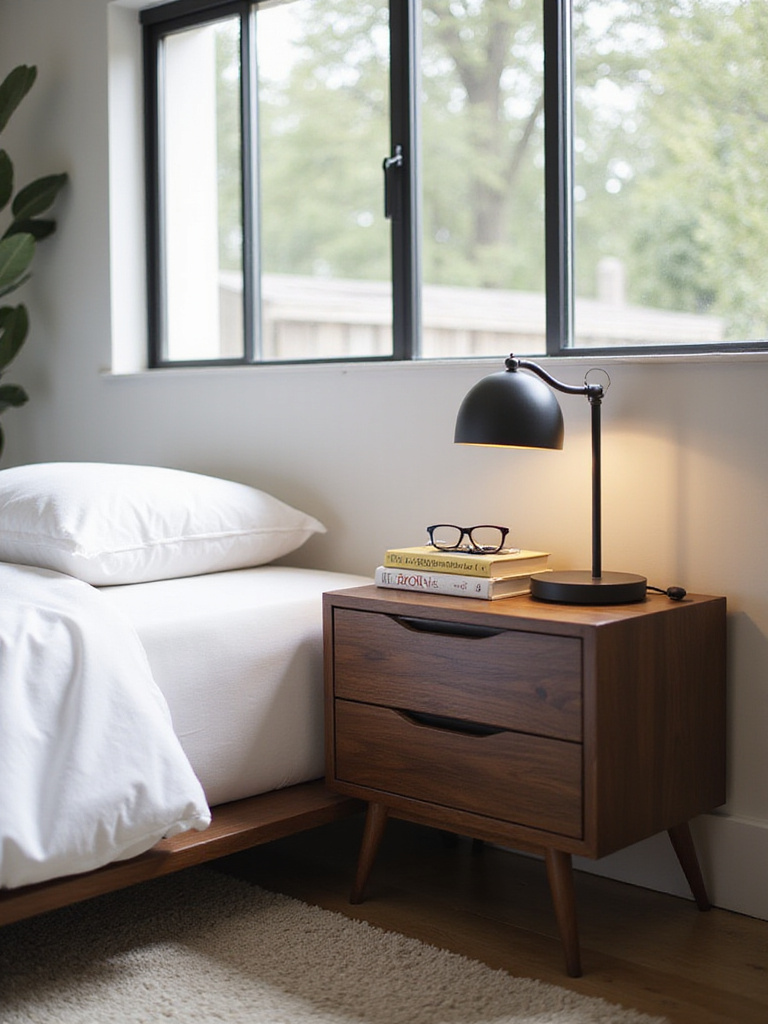 Modern bedroom with a dark wood nightstand featuring a lamp, books, and glasses.