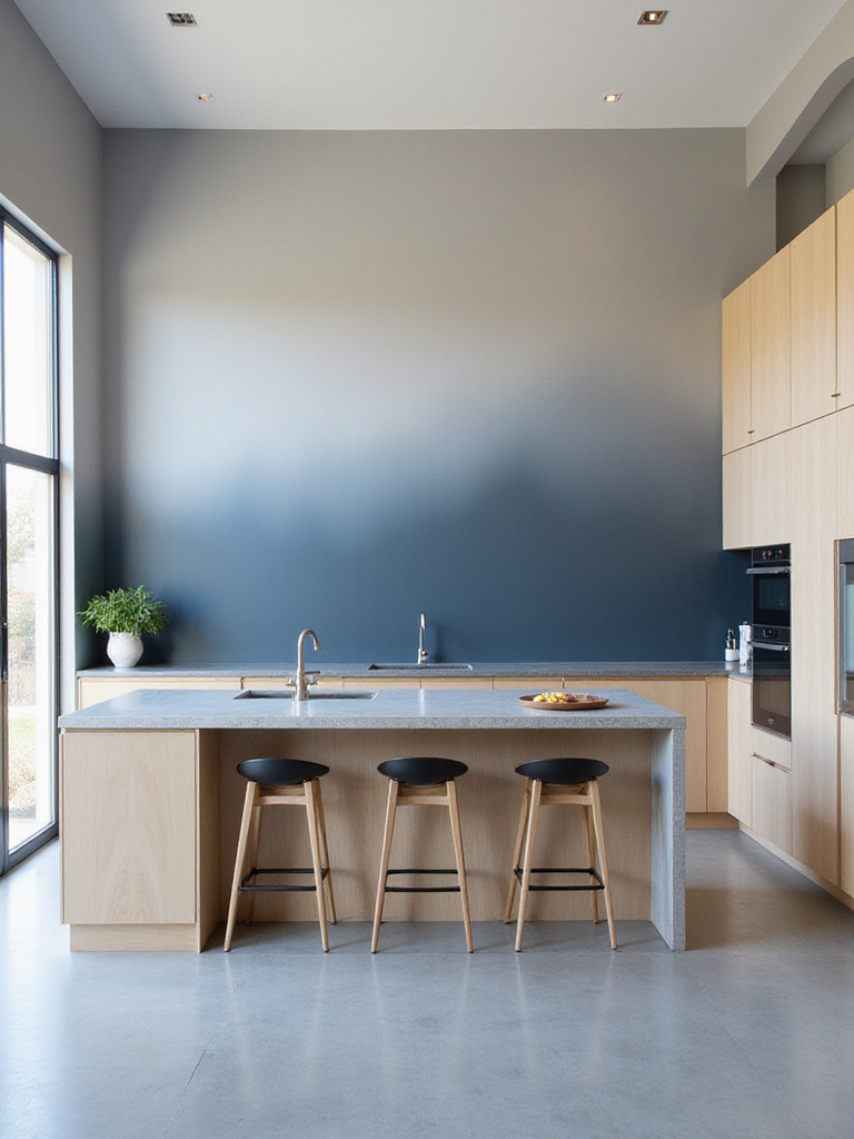Kitchen featuring a navy blue and gray ombre accent wall
