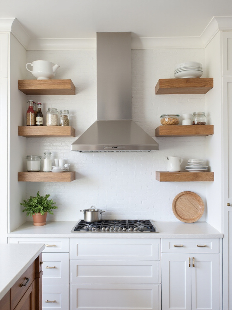 Modern kitchen with white cabinets and natural wood open shelving displaying dishes and spices.