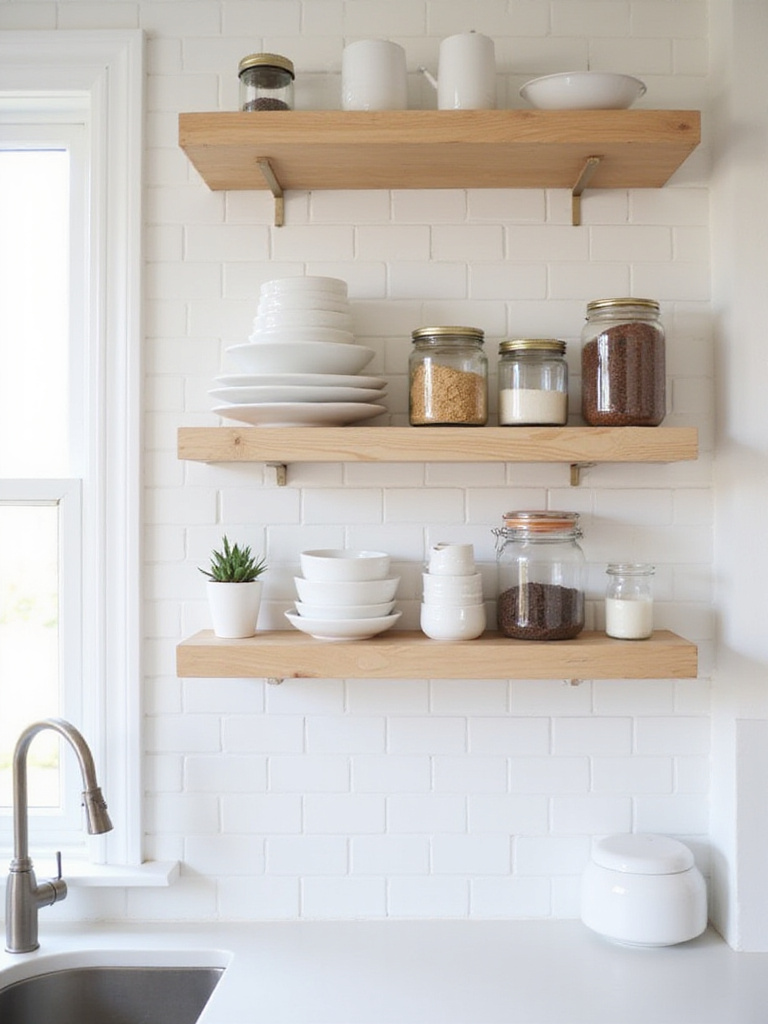 Contemporary kitchen with light oak open shelving displaying white dishes and succulents.