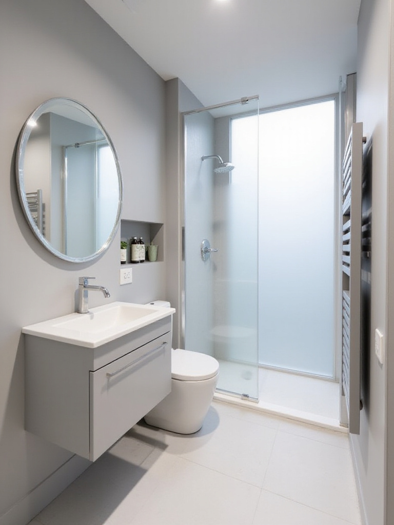 Small bathroom design with floating vanity, vertical storage, and light grey color scheme.