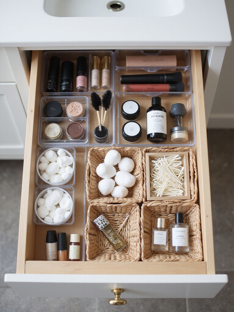 Organized bathroom drawer with acrylic dividers, woven baskets, and a tiered organizer.