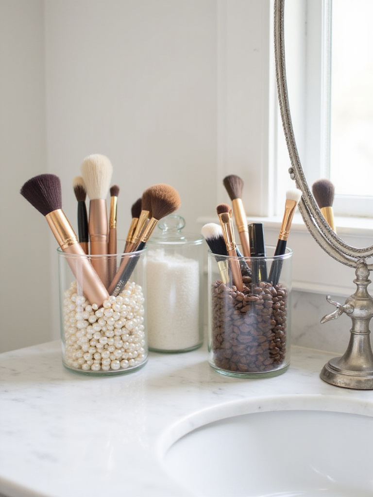 Makeup brushes organized in elegant glass canisters on a bathroom vanity.