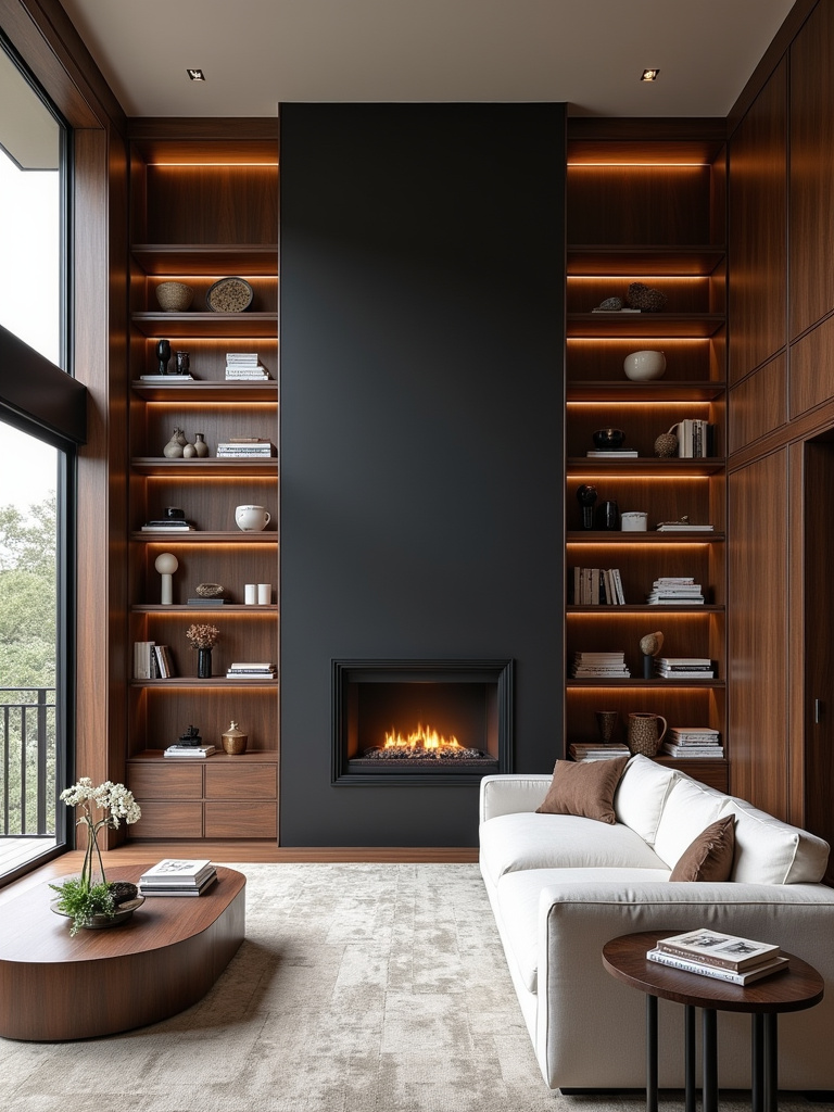Luxurious living room with custom walnut built-in shelving and integrated fireplace.