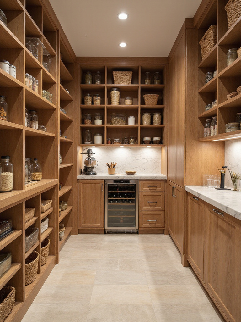 Luxurious modern kitchen walk-in pantry with custom shelving and organized storage.