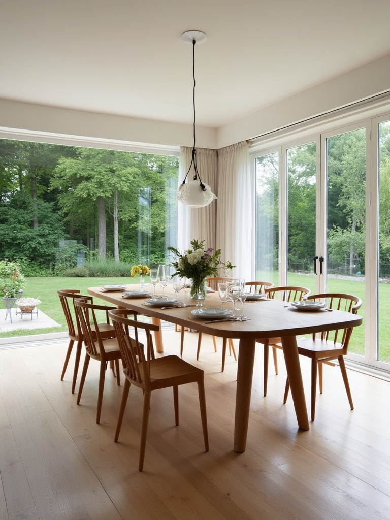 Modern oval dining table in a bright, Scandinavian-style dining room.