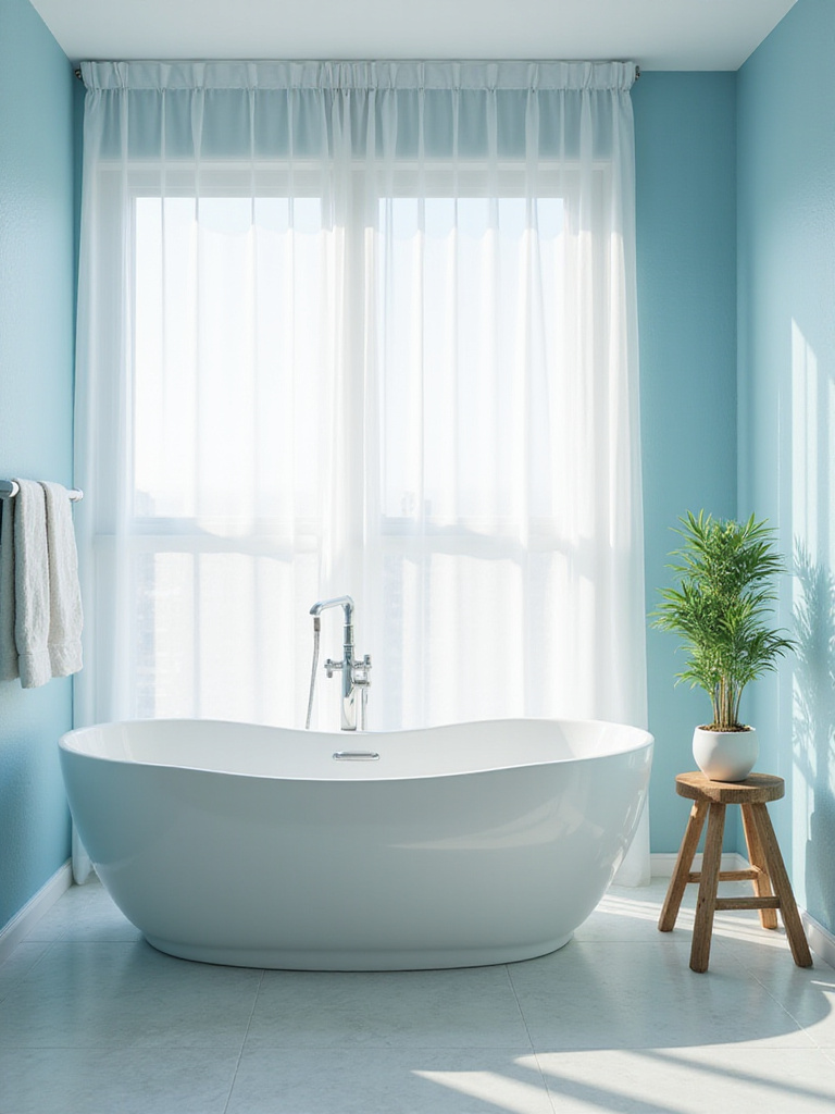 Calming light blue bathroom with white freestanding tub and natural light.