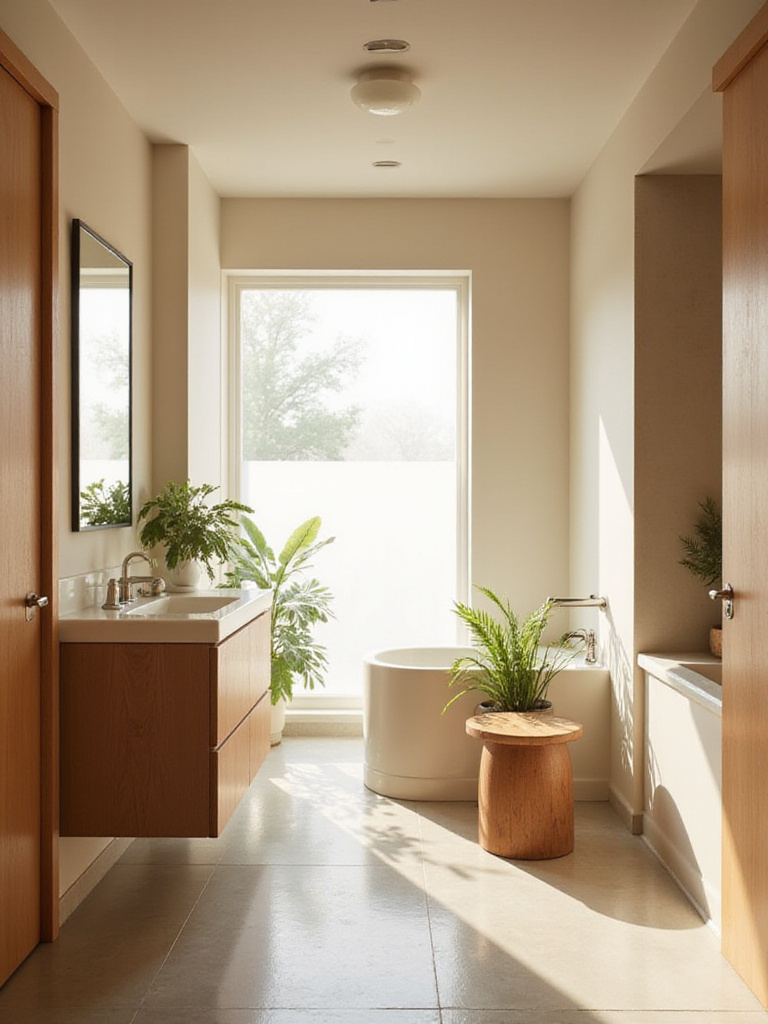 Bathroom painted in warm beige with natural wood accents and soft lighting for a relaxing atmosphere