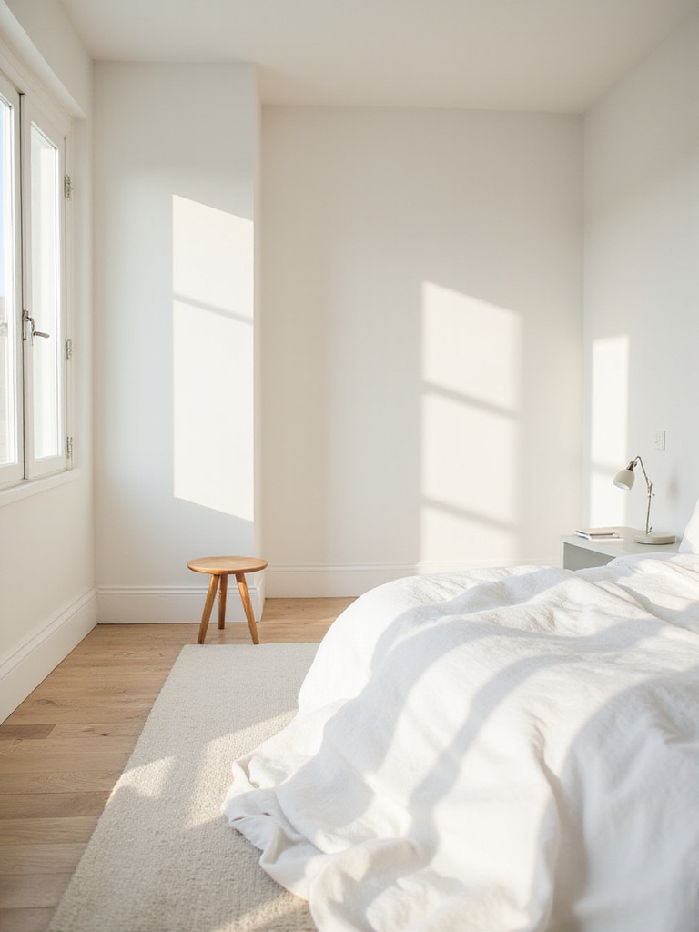 Serene white bedroom with soft white walls and natural light