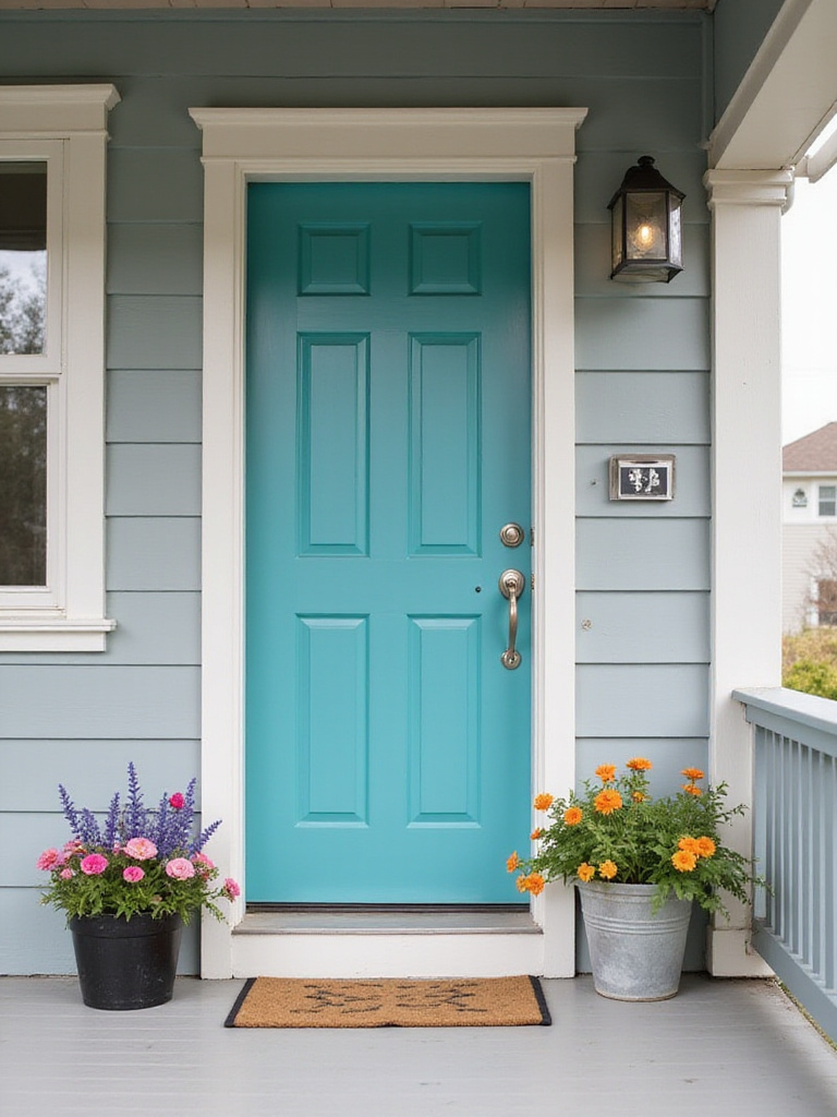 Craftsman house with light gray siding and a teal front door.