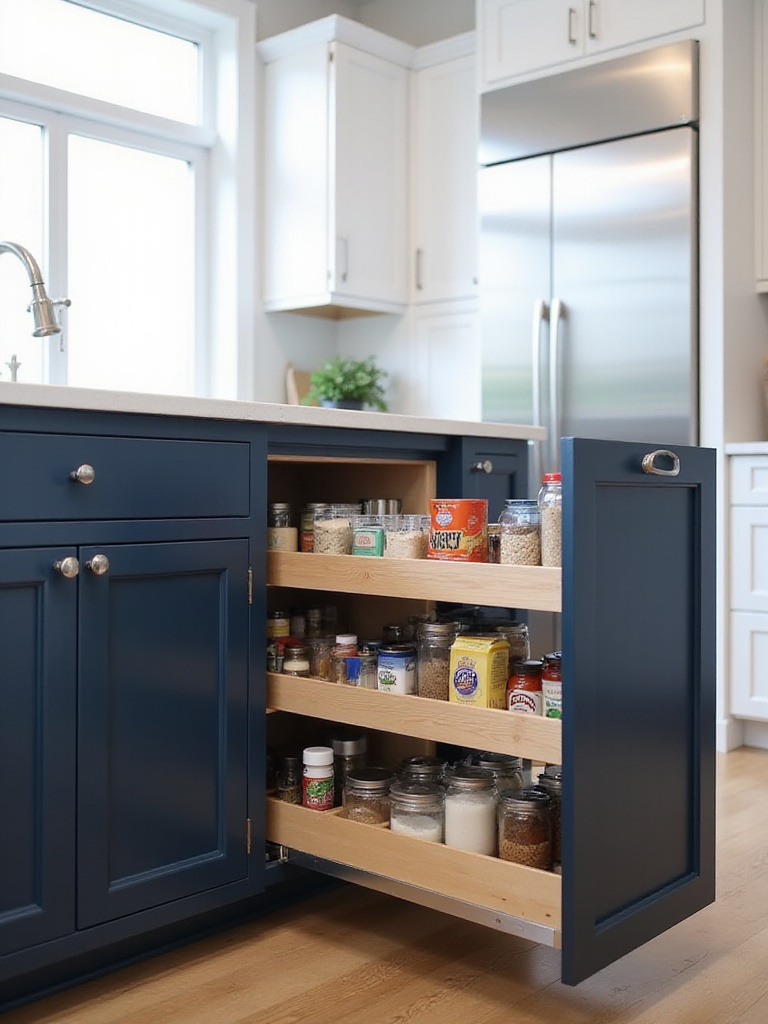 Kitchen island with pull-out pantry system showcasing organized dry goods.