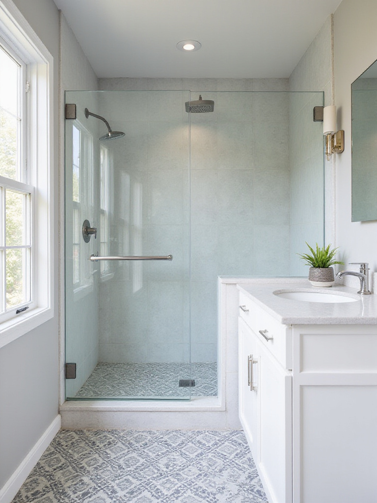 Modern bathroom with Moroccan patterned tile floor in shower