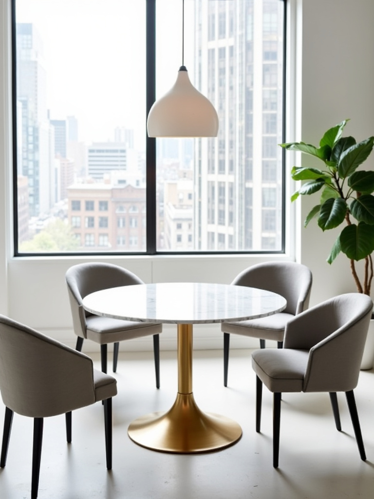 Modern round marble dining table with gold tulip pedestal base in a bright dining room.